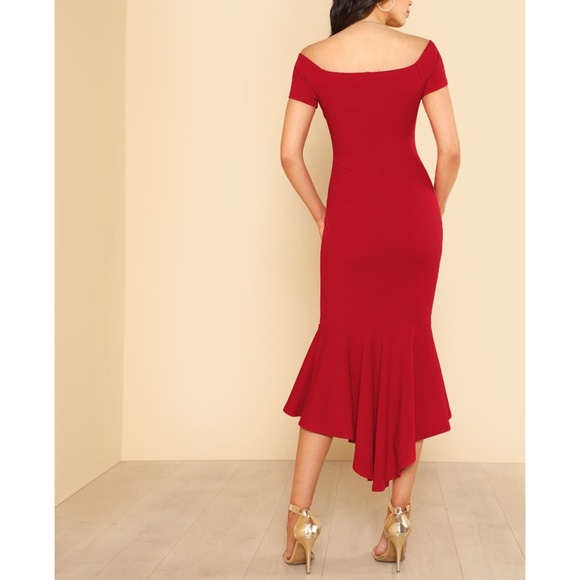 Red Off the Shoulder Bodycon Mermaid Midi Dress - Picture 2 of 6